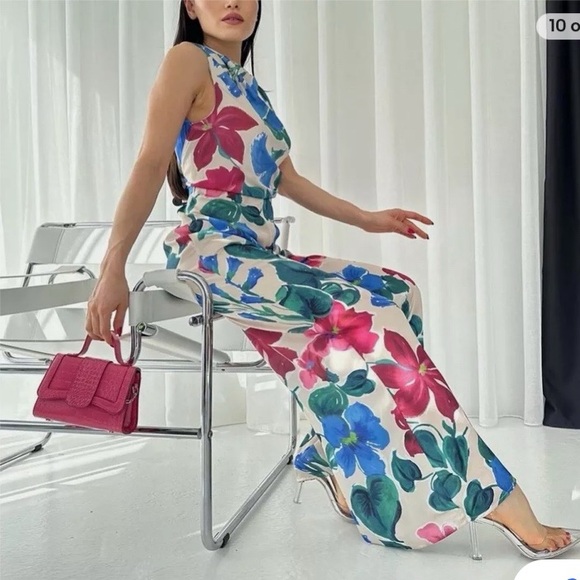 🌺 ZARA BOHO GREEN PINK MULTI SATIN WIDE LEG JUMPSUIT! - Picture 9 of 16